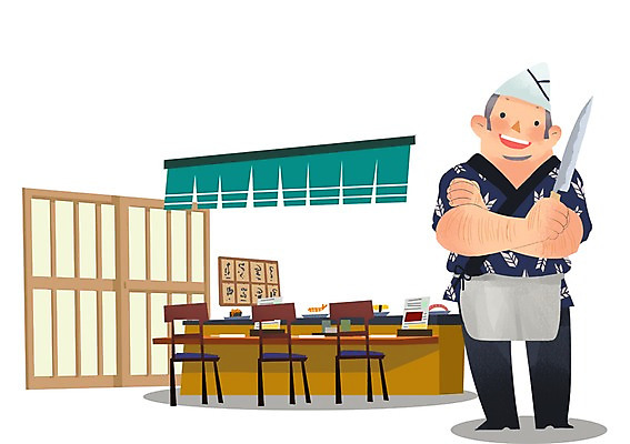 PSD 남자 여행 일본문화 일러스트 한명 사람 관광지 식당 일본 요리사 초밥 체험 일본여행 식칼 횟집 남자만 남자한명만 국내일러스트 직업 1 동양문화 아시아 외국문화 해외여행 컨셉 주방용품 상점 일본음식 파일형식