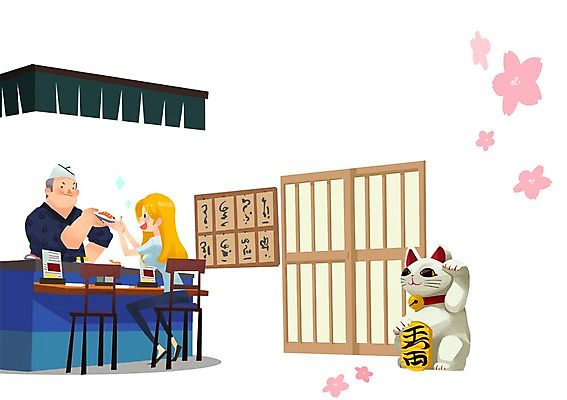 PSD 여자 남자 음식 여행 일본문화 일러스트 사람 두명 관광지 여행객 식당 일본 요리사 초밥 체험 일본여행 횟집 국내일러스트 직업 동양문화 아시아 외국문화 해외여행 컨셉 상점 일본음식 파일형식