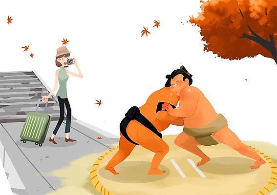 PSD 여자 남자 여행 일본문화 일러스트 운동선수 사람 세명 관광지 여행객 카메라 일본 사진촬영 체험 일본여행 스모 국내일러스트 동양문화 아시아 스포츠 외국문화 해외여행 컨셉 전자제품 촬영 파일형식