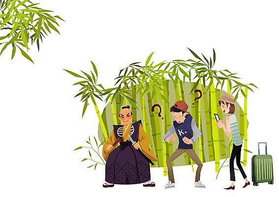PSD 여자 남자 여행 포즈 일본문화 일러스트 사람 세명 관광지 여행객 캐리어 일본 사진촬영 체험 일본여행 대나무숲 무사 국내일러스트 동양문화 아시아 외국문화 해외여행 컨셉 여행가방 촬영 숲 대나무 파일형식