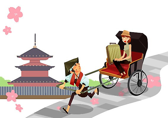 PSD 여자 남자 여행 일본문화 일러스트 사람 두명 관광지 여행객 캐리어 일본 체험 일본여행 인력거 국내일러스트 동양문화 아시아 외국문화 해외여행 컨셉 여행가방 파일형식