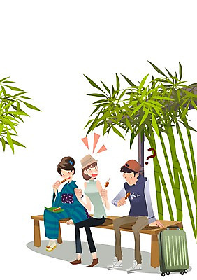 PSD 여자 남자 여행 일본문화 의자 일러스트 사람 세명 관광지 여행객 캐리어 일본 체험 꼬치 선택 기모노 일본여행 대나무 당고 국내일러스트 나무 동양문화 아시아 외국문화 해외여행 가구 컨셉 여행가방 일본전통의상 파일형식