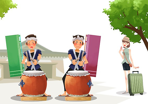 PSD 여자 남자 악기 여행 일본문화 일러스트 사람 세명 관광지 여행객 캐리어 일본 공연 체험 일본여행 북 국내일러스트 동양문화 아시아 음악 외국문화 해외여행 컨셉 타악기 이벤트 여행가방 파일형식