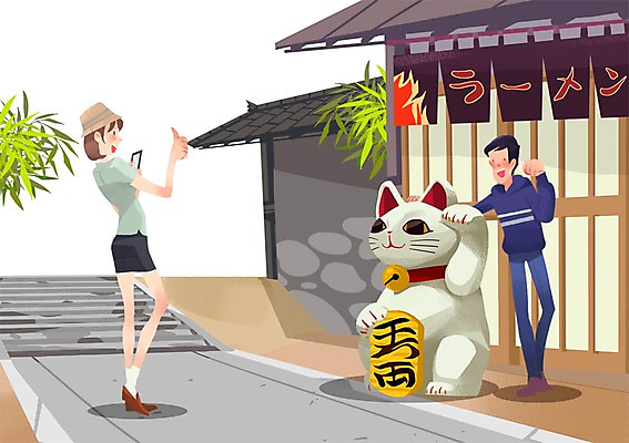 PSD 여자 남자 여행 포즈 일본문화 일러스트 사람 두명 관광지 조각상 여행객 일본 사진촬영 고양이 체험 일본여행 마네키네코 국내일러스트 동양문화 아시아 외국문화 해외여행 컨셉 포유류 반려동물 조형물 촬영 일본전통 파일형식