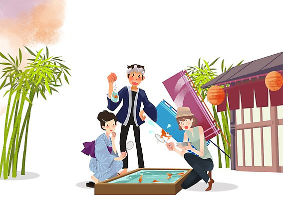 PSD 여자 남자 여행 일본문화 일러스트 놀이 사람 세명 관광지 여행객 일본 체험 기모노 일본여행 대나무 금붕어 물고기잡기 국내일러스트 나무 동양문화 아시아 외국문화 해외여행 컨셉 어류 잡기 일본전통의상 파일형식