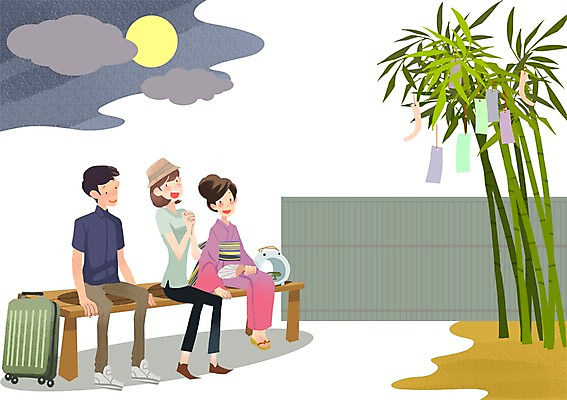 PSD 여자 남자 여행 일본문화 의자 일러스트 사람 세명 관광지 여행객 캐리어 일본 보름달 기도 체험 기모노 일본여행 대나무 소원 칠석 국내일러스트 나무 동양문화 명절 아시아 외국문화 해외여행 가구 컨셉 여행가방 달 일본전통의상 파일형식