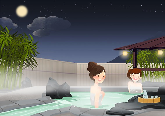 PSD 여자 여행 일본문화 일러스트 밤하늘 사람 두명 관광지 여행객 일본 온천 보름달 체험 일본여행 노천탕 여자만 국내일러스트 동양문화 아시아 외국문화 해외여행 컨셉 하늘 스파 달 야간 파일형식
