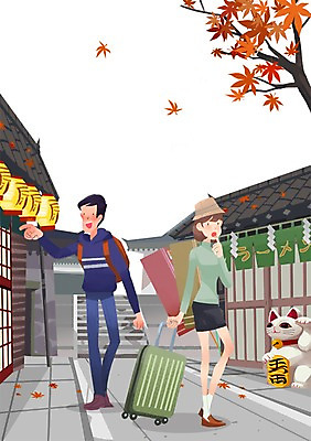 PSD 여자 남자 여행 일본문화 일러스트 거리 사람 두명 관광지 여행객 상점 캐리어 일본 체험 일본여행 국내일러스트 동양문화 아시아 외국문화 해외여행 컨셉 여행가방 파일형식