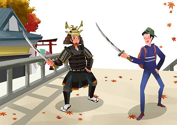 PSD 남자 여행 포즈 일본문화 일러스트 사람 두명 관광지 여행객 일본 체험 칼 일본여행 무사 사무라이 남자만 국내일러스트 동양문화 아시아 외국문화 해외여행 컨셉 파일형식