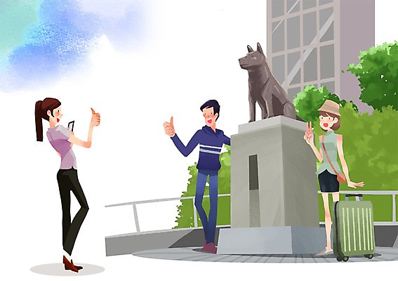 PSD 여자 남자 여행 일본문화 일러스트 사람 세명 관광지 동상 여행객 캐리어 일본 엄지손가락 체험 일본여행 기념촬영 시부야 국내일러스트 동양문화 아시아 외국문화 해외여행 컨셉 손가락 조형물 여행가방 사진촬영 기념물 파일형식