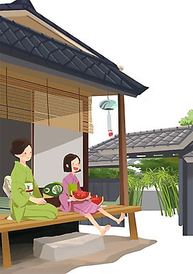 PSD 여자 여행 고건축 일본문화 일러스트 휴식 수박 사람 두명 관광지 일본 체험 전통의상 일본여행 유카타 여자만 국내일러스트 동양문화 전통 건축물 아시아 외국문화 해외여행 컨셉 과일 일본전통의상 파일형식