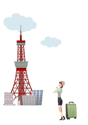 PSD 건축물 여자 여행 일본문화 일러스트 한명 사람 관광지 여행객 캐리어 일본 체험 일본여행 도쿄타워 여자만 여자한명만 국내일러스트 1 동양문화 건축 아시아 외국문화 해외여행 컨셉 여행가방 파일형식