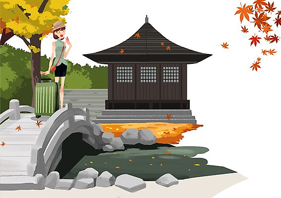 PSD 여자 여행 고건축 일본문화 일러스트 단풍나무 한명 사람 관광지 여행객 정원 캐리어 일본 체험 일본여행 가교 여자만 여자한명만 국내일러스트 나무 1 동양문화 건축물 아시아 외국문화 해외여행 컨셉 단풍 여행가방 파일형식