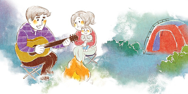 PSD 라이프스타일 여자 남자 여행 일러스트 가족 엄마 가족여행 텐트 사람 세명 화목 기타 아기 아빠 모닥불 즐거움 국내일러스트 감정 컨셉 관계 불 현악기 캠핑도구 생활 파일형식