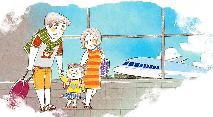 PSD 라이프스타일 여자 남자 딸 어린이 여행 일러스트 가족 엄마 가족여행 비행기 사람 소녀 세명 여행가방 화목 아빠 공항 즐거움 국내일러스트 감정 컨셉 가방 관계 항공교통 교통시설 대중교통 생활 파일형식