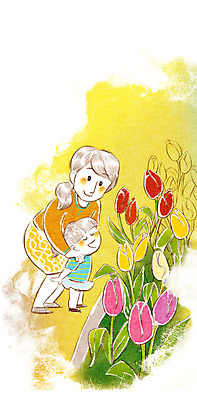 PSD 라이프스타일 여자 딸 어린이 여행 꽃밭 일러스트 가족 엄마 가족여행 사람 소녀 두명 화목 튤립 즐거움 여자만 국내일러스트 꽃 감정 컨셉 관계 생활 파일형식