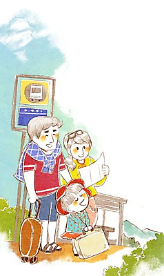 PSD 라이프스타일 여자 남자 딸 어린이 여행 지도 일러스트 가족 엄마 가족여행 사람 소녀 세명 여행가방 화목 아빠 버스정류장 즐거움 국내일러스트 감정 컨셉 가방 관계 생활 역 파일형식