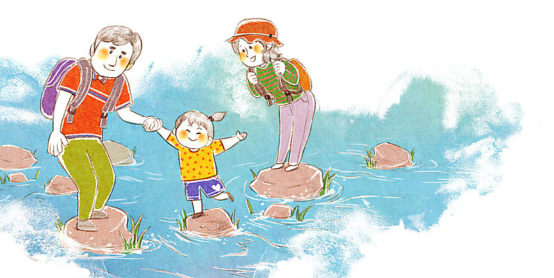 PSD 라이프스타일 여자 남자 딸 어린이 여행 일러스트 가족 엄마 가족여행 사람 소녀 세명 계곡 화목 아빠 즐거움 돌다리 국내일러스트 감정 컨셉 관계 생활 다리_건축물 파일형식