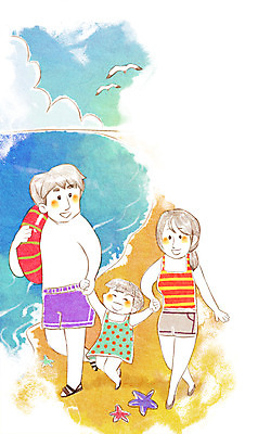 PSD 라이프스타일 여자 남자 수영복 딸 어린이 여행 일러스트 가족 엄마 가족여행 사람 소녀 해변 세명 화목 아빠 즐거움 튜브 국내일러스트 옷 감정 바다 컨셉 관계 생활 파일형식