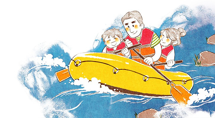 PSD 라이프스타일 여자 남자 아들 어린이 여행 일러스트 가족 엄마 가족여행 사람 소년 세명 화목 보트 아빠 급류타기 즐거움 노 구명조끼 국내일러스트 감정 컨셉 배_교통 관계 생활 수상스포츠 구조용품 선박 파일형식