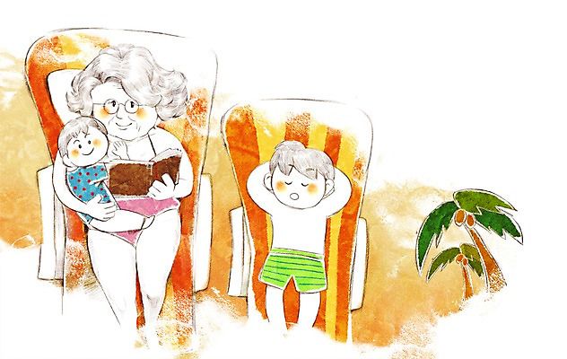 PSD 라이프스타일 여자 남자 수영복 할머니 어린이 여행 일러스트 가족 손자 가족여행 사람 소년 해변 책 세명 화목 즐거움 선베드 국내일러스트 옷 노년 감정 바다 컨셉 의자 관계 생활 손주 파일형식