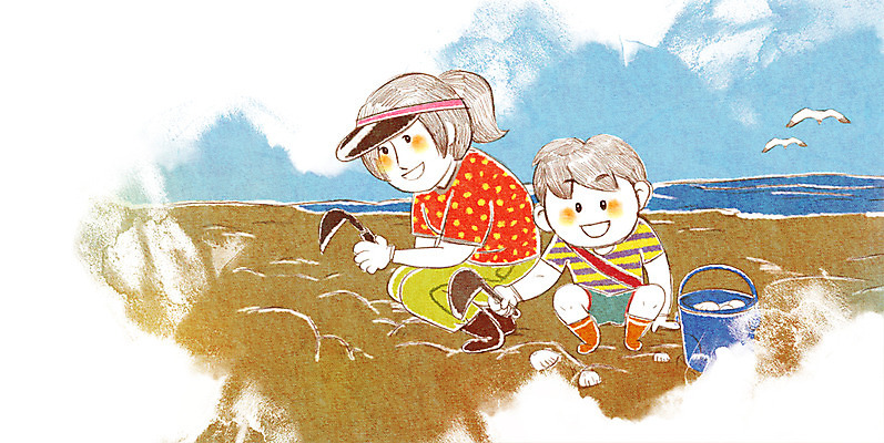 PSD 라이프스타일 여자 남자 아들 어린이 여행 일러스트 가족 엄마 가족여행 사람 소년 두명 화목 양동이 즐거움 갯벌 조개잡이 호미 국내일러스트 감정 컨셉 관계 어업 생활 농기구 파일형식