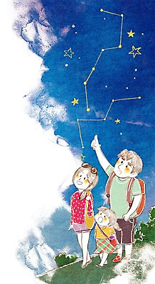 PSD 라이프스타일 여자 남자 딸 별 어린이 여행 일러스트 가족 밤하늘 하늘 엄마 가족여행 사람 소녀 세명 화목 별자리 아빠 즐거움 국내일러스트 자연요소 감정 컨셉 관계 생활 야간 파일형식