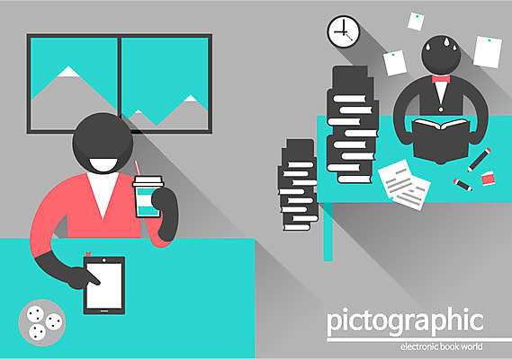 교육 실루엣 백그라운드 일러스트 사람 두명 책 스마트기기 태블릿 픽토그램 비교 변화 전자책 스마트 책상 정보화시대 편리함 국내일러스트 AI파일 가구 컨셉 촬영기법 전자제품 파일형식 벡터