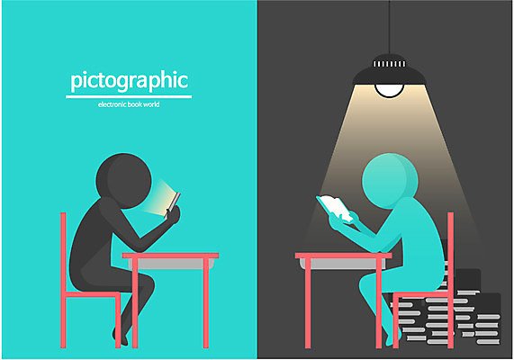 교육 실루엣 백그라운드 일러스트 사람 두명 책 스마트기기 태블릿 픽토그램 독서 비교 변화 전자책 스마트 책상 정보화시대 편리함 국내일러스트 AI파일 가구 컨셉 촬영기법 전자제품 파일형식 벡터