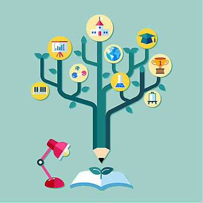나무 교육 일러스트 사람없음 책 세트 연필 스탠드 선택 분석 복잡 국내일러스트 AI파일 식물 컨셉 학용품 조명 필기구 파일형식 벡터