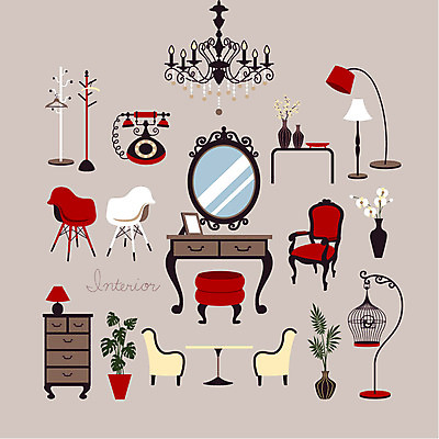 화분 가구 의자 일러스트 탁자 사람없음 인테리어 세트 거울 스탠드 선택 옷걸이 전화기 분석 서랍장 샹들리에 새장 복잡 국내일러스트 AI파일 디자인 생활용품 컨셉 조명 케이지 파일형식 벡터