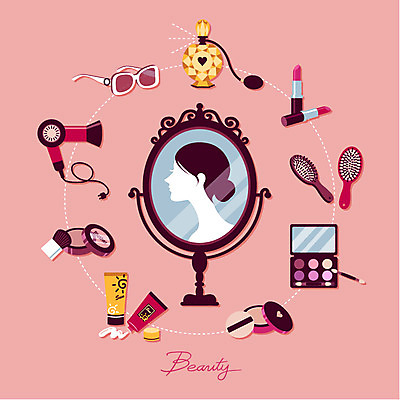 여자 일러스트 한명 사람 쇼핑 세트 선글라스 뷰티 화장품 거울 립스틱 머리빗 플랫 선택 드라이어 선크림 심볼 향수 분석 오브젝트 파우더 복잡 여자만 여자한명만 국내일러스트 AI파일 1 안경 컨셉 미용용품 파일형식 벡터
