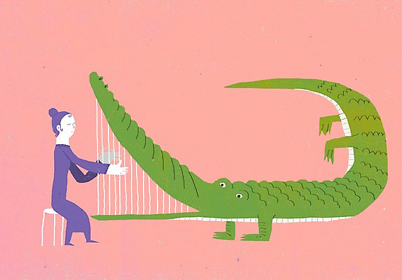 PSD 동물 한마리 여자 악기 백그라운드 일러스트 상상 상상일러스트 한명 사람 악어 하프 여자만 여자한명만 국내일러스트 1 음악 파충류 현악기 파일형식