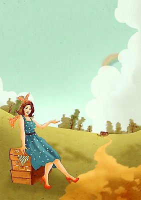 PSD 원피스 여자 패션 여행 백그라운드 일러스트 한명 사람 초원 여행가방 물방울무늬 추억 복고 여자만 여자한명만 국내일러스트 1 옷 컨셉 무늬 가방 파일형식