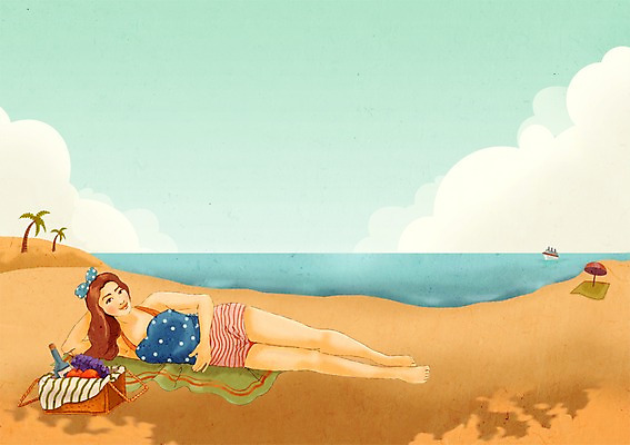 PSD 여자 패션 백그라운드 일러스트 한명 사람 해변 모래사장 눕기 소풍 바구니 추억 복고 여자만 여자한명만 국내일러스트 1 바다 컨셉 모션 야외활동 파일형식
