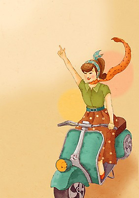 PSD 여자 패션 백그라운드 일러스트 한명 사람 손들기 물방울무늬 목도리 오토바이 추억 복고 여자만 여자한명만 국내일러스트 1 잡화 컨셉 무늬 모션 바이크 파일형식