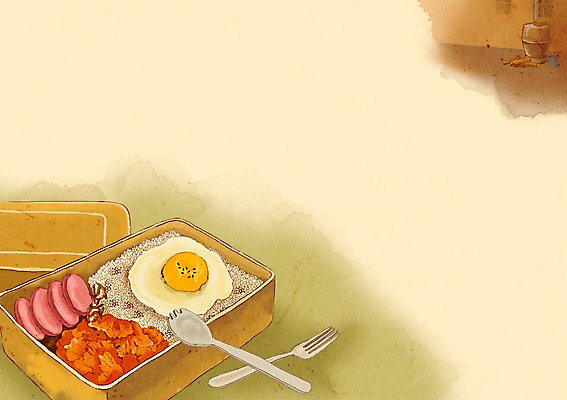 PSD 음식 백그라운드 일러스트 사람없음 소시지 추억 계란프라이 난로 복고 도시락 양은도시락 국내일러스트 컨셉 가공식품 계란요리 난방기 파일형식