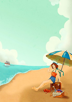 PSD 여자 패션 백그라운드 일러스트 한명 사람 해변 모래사장 파라솔 추억 복고 여자만 여자한명만 국내일러스트 1 바다 컨셉 파일형식