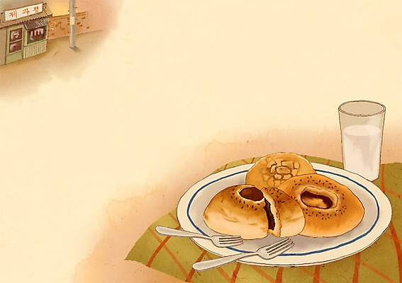 PSD 음식 빵 백그라운드 포크 일러스트 사람없음 우유 추억 복고 단팥빵 국내일러스트 식기 컨셉 유제품 파일형식