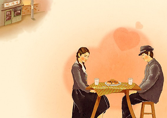 PSD 학생 여자 패션 남자 교복 백그라운드 데이트 일러스트 탁자 사람 두명 빵집 추억 수줍음 복고 국내일러스트 옷 감정 가구 컨셉 상점 파일형식