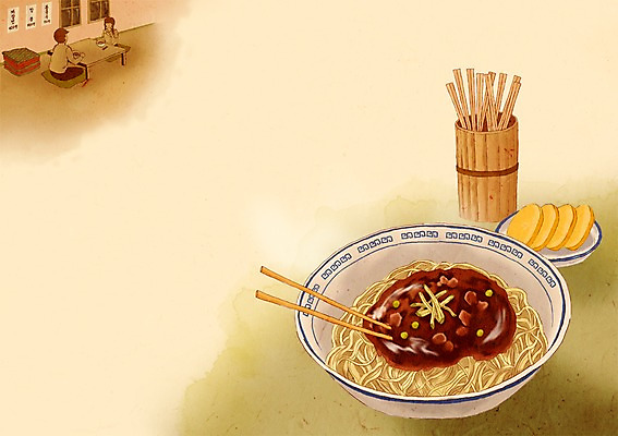 PSD 음식 백그라운드 일러스트 젓가락 사람 두명 추억 짜장면 복고 단무지 중국집 국내일러스트 컨셉 수저 상점 중식 파일형식