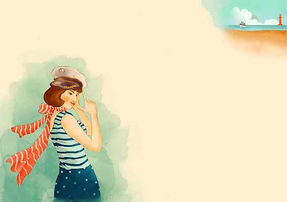 PSD 여자 패션 백그라운드 일러스트 한명 사람 해변 목도리 줄무늬 추억 복고 마린룩 여자만 여자한명만 국내일러스트 1 잡화 옷 바다 컨셉 무늬 파일형식