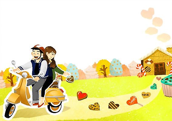 PSD 커플 여자 남자 길 백그라운드 일러스트 사랑 사람 두명 초콜릿 스쿠터 뿌리기 과자집 국내일러스트 감정 관계 모션 디저트 오토바이 파일형식