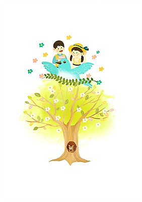 PSD 나무 커플 여자 남자 어린이 백그라운드 일러스트 조류 사랑 사람 두명 파랑새 어린이만 국내일러스트 식물 동물 감정 관계 파일형식