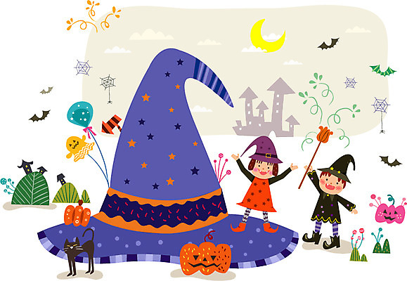 모자 여자 남자 어린이 백그라운드 일러스트 사람 이벤트 두명 축제 기쁨 할로윈 즐거움 마술봉 마녀복장 마법사모자 어린이만 국내일러스트 AI파일 모자_잡화 잡화 감정 마술도구 이벤트의상 파일형식 벡터