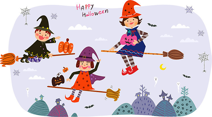 여자 남자 어린이 백그라운드 일러스트 사람 이벤트 세명 축제 기쁨 할로윈 비행 즐거움 마녀 마녀복장 마법빗자루 어린이만 국내일러스트 AI파일 감정 빗자루 이벤트의상 파일형식 벡터