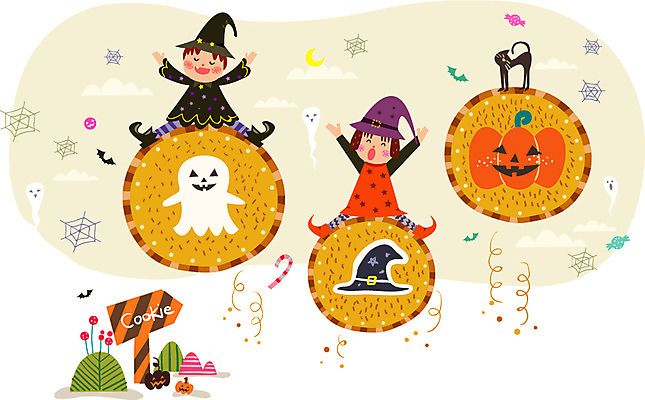 여자 남자 어린이 백그라운드 일러스트 사람 이벤트 두명 쿠키 과자 축제 기쁨 할로윈 유령 즐거움 마녀복장 어린이만 국내일러스트 AI파일 감정 디저트 이벤트의상 파일형식 벡터