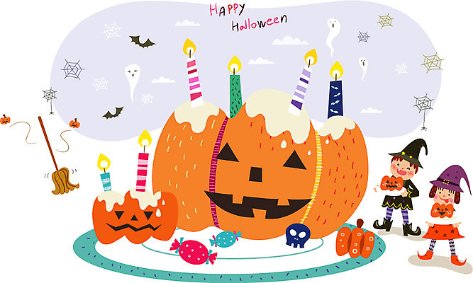 여자 남자 어린이 백그라운드 일러스트 초 사탕 사람 이벤트 두명 케이크 축제 기쁨 할로윈 즐거움 마녀복장 호박케이크 어린이만 국내일러스트 AI파일 감정 디저트 이벤트의상 파일형식 벡터