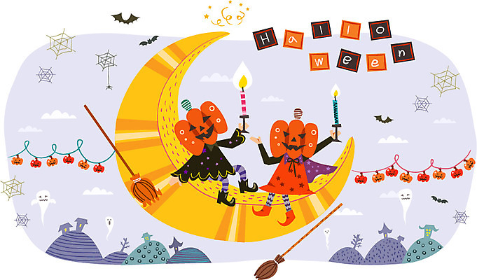 여자 남자 어린이 백그라운드 일러스트 촛불 호박 사람 이벤트 두명 축제 기쁨 할로윈 초승달 즐거움 마녀복장 마법빗자루 어린이만 국내일러스트 AI파일 감정 채소 초 달 빗자루 이벤트의상 파일형식 벡터