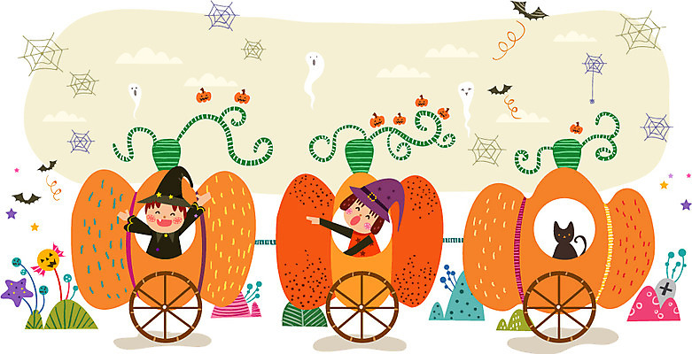 여자 남자 어린이 백그라운드 일러스트 호박 사람 이벤트 두명 축제 고양이 기쁨 할로윈 즐거움 마녀복장 호박마차 어린이만 국내일러스트 AI파일 감정 채소 포유류 반려동물 마차 이벤트의상 파일형식 벡터